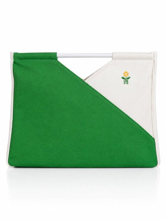 Vintage Handbags - 80s Wooden Handle Colorblock Canvas Tote Green White Bag Vintage